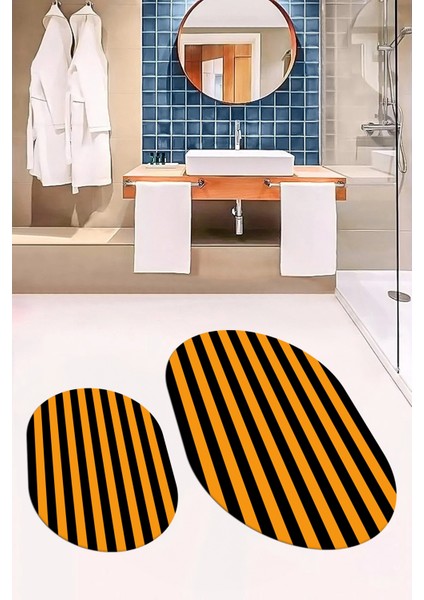 Dijital Baskılı Yıkanabilir Çizgili Modern Ikili Banyo Halısı Paspas Oval, Klozet-50-Turuncu, fiyatları