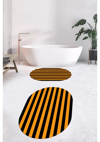 Dijital Baskılı Yıkanabilir Çizgili Modern Ikili Banyo Halısı Paspas Oval, Klozet-50-Turuncu, indirimleri
