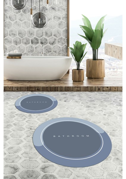 Dijital Baskılı Yıkanabilir Bathroom Yazılı Yuvarlak Banyo Paspası, Klozet-01-Mavi, fiyatları