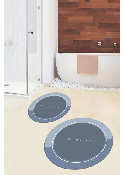 Dijital Baskılı Yıkanabilir Bathroom Yazılı Yuvarlak Banyo Paspası, Klozet-01-Mavi, modelleri