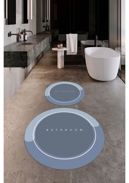 Dijital Baskılı Yıkanabilir Bathroom Yazılı Yuvarlak Banyo Paspası, Klozet-01-Mavi, indirimleri