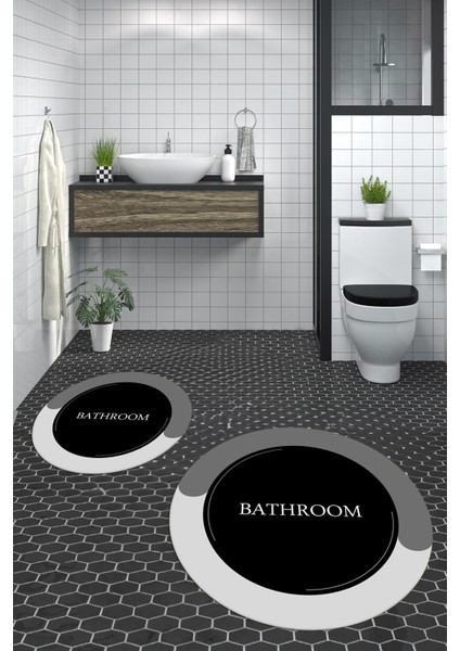 Dijital Baskılı Yıkanabilir Bathroom Yazılı Yuvarlak Banyo Paspası, Klozet-02-Siyah,