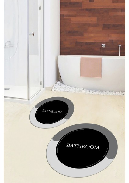 Dijital Baskılı Yıkanabilir Bathroom Yazılı Yuvarlak Banyo Paspası, Klozet-02-Siyah, modelleri