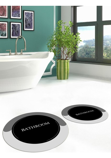 Dijital Baskılı Yıkanabilir Bathroom Yazılı Yuvarlak Banyo Paspası, Klozet-02-Siyah, fırsatları