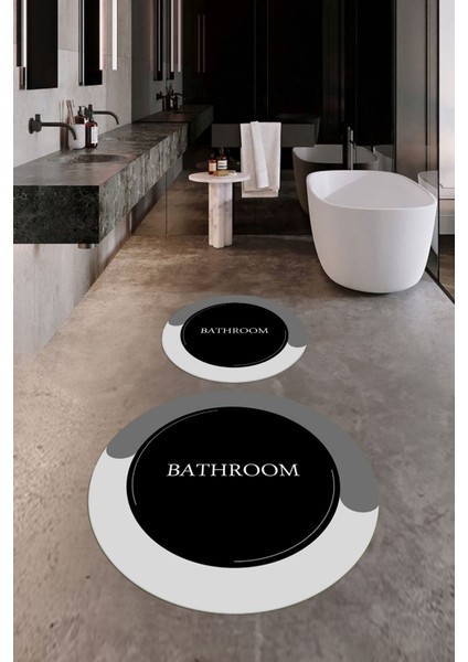 Dijital Baskılı Yıkanabilir Bathroom Yazılı Yuvarlak Banyo Paspası, Klozet-02-Siyah, indirimleri