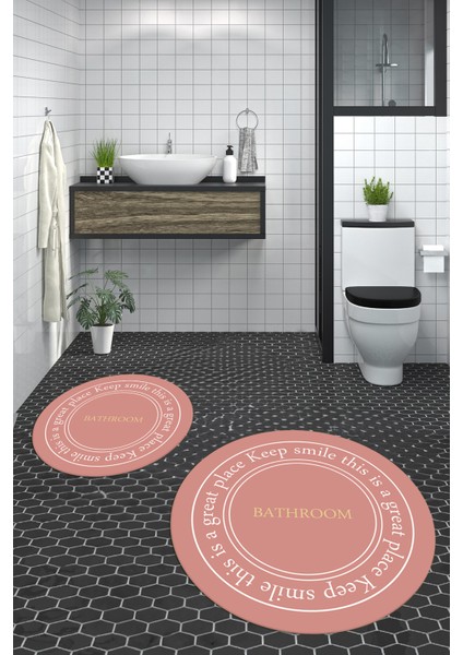 Dijital Baskılı Yıkanabilir Desenli Bathroom Yazılı Yuvarlak Banyo Paspası, Klozet-05-Pembe,