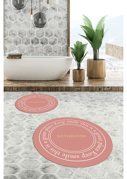 Dijital Baskılı Yıkanabilir Desenli Bathroom Yazılı Yuvarlak Banyo Paspası, Klozet-05-Pembe, fiyatları