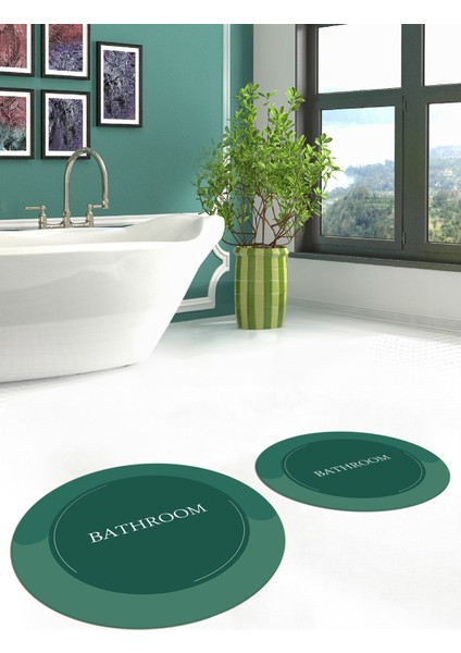 Dijital Baskılı Yıkanabilir Bathroom Yazılı Yuvarlak Banyo Paspası, Klozet-02-Yeşil, fırsatları