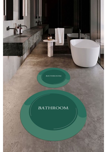 Dijital Baskılı Yıkanabilir Bathroom Yazılı Yuvarlak Banyo Paspası, Klozet-02-Yeşil, indirimleri