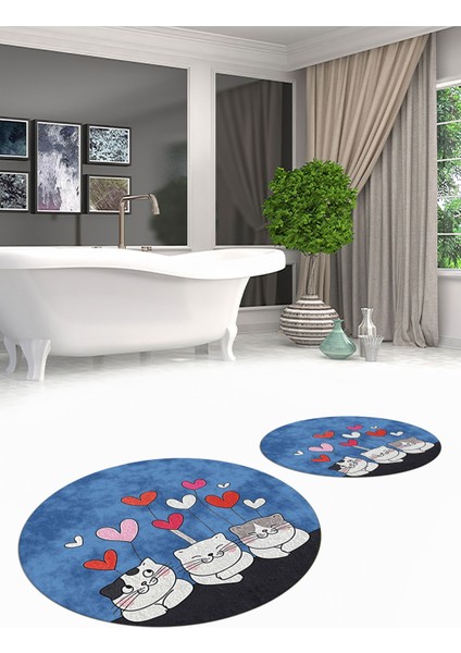 Dijital Baskılı Yıkanabilir Kalipli Kediler Desenli Ikili Banyo Halısı Yuvarlak, Klozet-42-Mavi,