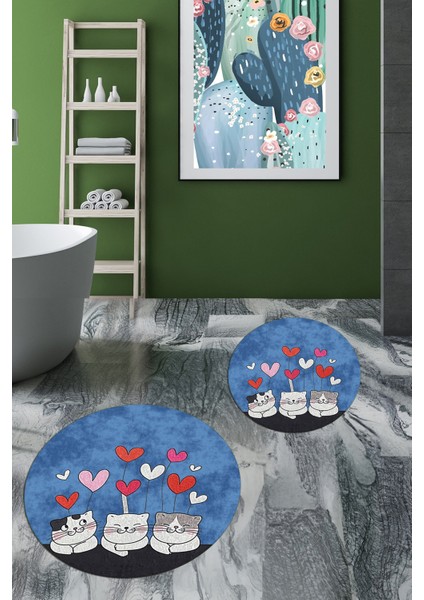 Dijital Baskılı Yıkanabilir Kalipli Kediler Desenli Ikili Banyo Halısı Yuvarlak, Klozet-42-Mavi, fiyatları