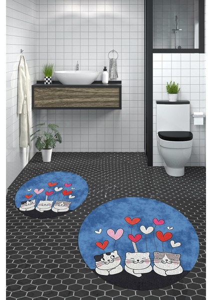 Dijital Baskılı Yıkanabilir Kalipli Kediler Desenli Ikili Banyo Halısı Yuvarlak, Klozet-42-Mavi, modelleri