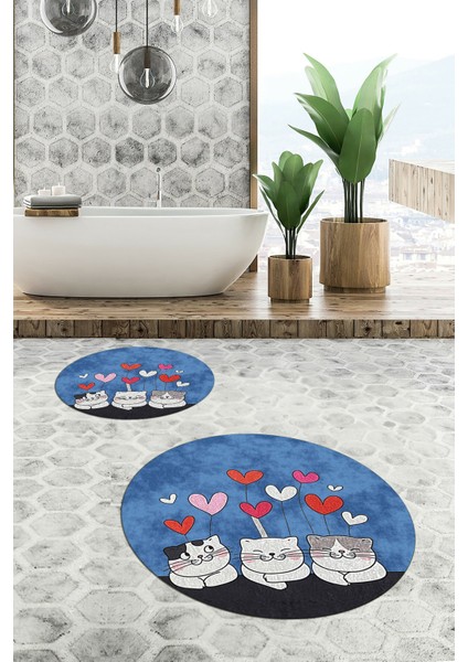 Dijital Baskılı Yıkanabilir Kalipli Kediler Desenli Ikili Banyo Halısı Yuvarlak, Klozet-42-Mavi, fırsatları