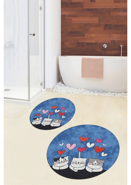 Dijital Baskılı Yıkanabilir Kalipli Kediler Desenli Ikili Banyo Halısı Yuvarlak, Klozet-42-Mavi, indirimleri
