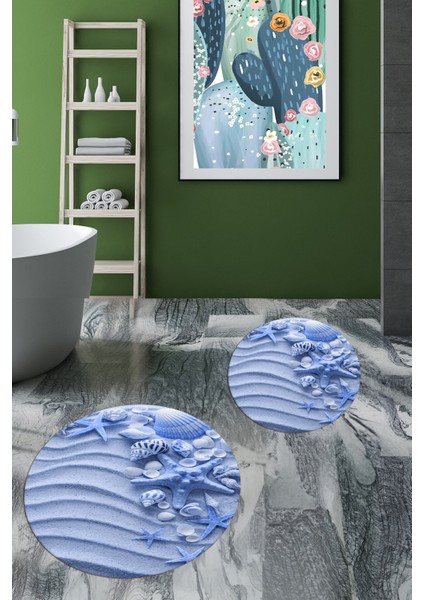 3d Dijital Baskılı Yıkanabilir Modern Ikili Banyo Halısı Paspas Yuvarlak, Klozet-48-Mavi,