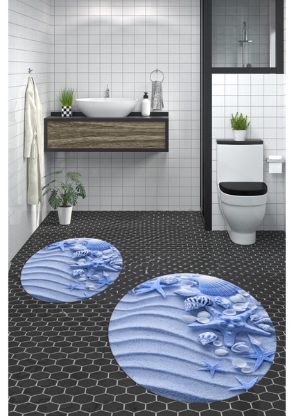 3d Dijital Baskılı Yıkanabilir Modern Ikili Banyo Halısı Paspas Yuvarlak, Klozet-48-Mavi, fiyatları