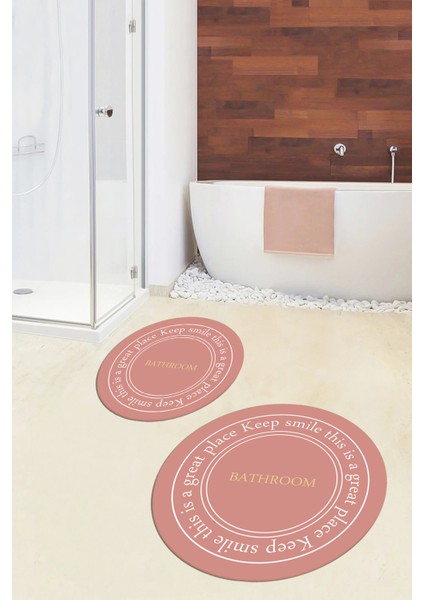Dijital Baskılı Yıkanabilir Desenli Bathroom Yazılı Yuvarlak Banyo Paspası, Klozet-05-Pembe, modelleri