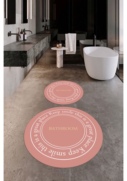 Dijital Baskılı Yıkanabilir Desenli Bathroom Yazılı Yuvarlak Banyo Paspası, Klozet-05-Pembe, indirimleri
