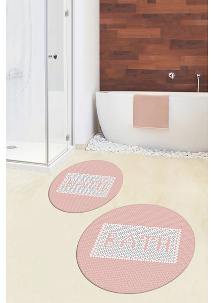 Dijital Baskılı Mozaik Desenli Bath Yazılı Ikili Yuvarlak Banyo Paspası, Klozet-07-Pembe, modelleri
