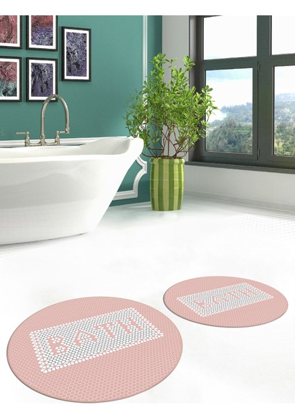 Dijital Baskılı Mozaik Desenli Bath Yazılı Ikili Yuvarlak Banyo Paspası, Klozet-07-Pembe, fırsatları