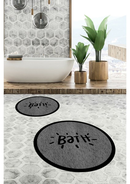 Dijital Baskılı Yıkanabilir Çerçeveli Bath Yazılı Ikili Yuvarlak Banyo Halısı Paspas, Klozet-10-Gri,
