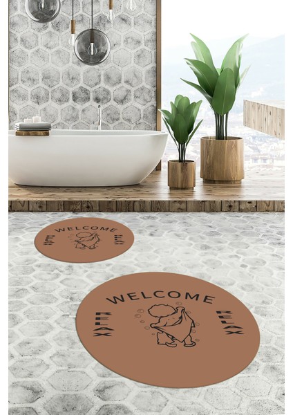 Dijital Baskılı Modern Yıkanabilir Ikili Yuvarlak Banyo Halısı Paspas, Klozet-11-Kahve,