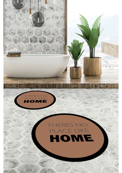 Dijital Baskılı Yıkanabilir Home Yazılı Ikili Yuvarlak Banyo Halısı Paspas, Klozet-13-Kahve,