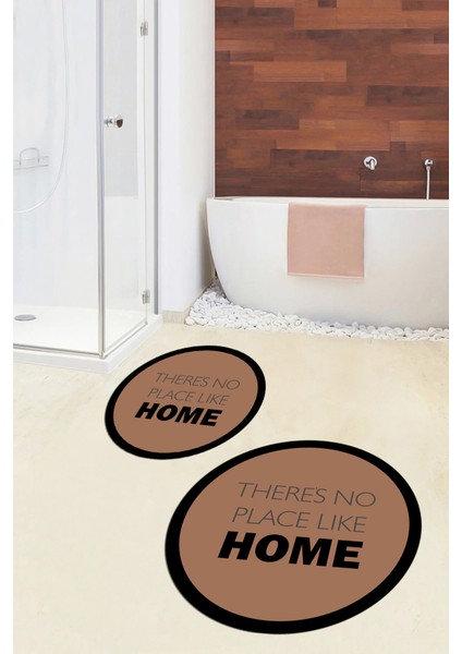 Dijital Baskılı Yıkanabilir Home Yazılı Ikili Yuvarlak Banyo Halısı Paspas, Klozet-13-Kahve,
