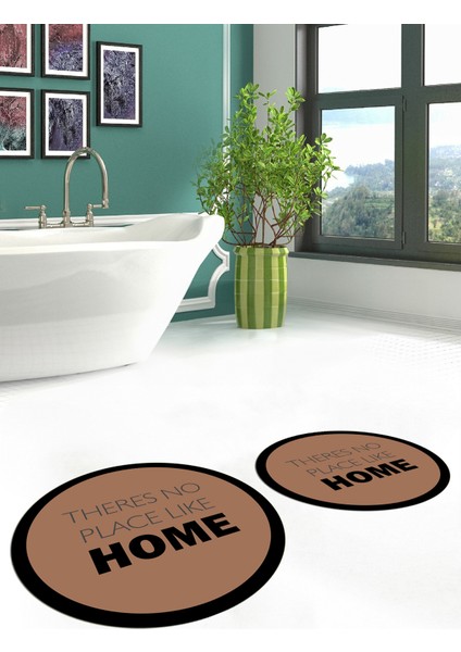 Dijital Baskılı Yıkanabilir Home Yazılı Ikili Yuvarlak Banyo Halısı Paspas, Klozet-13-Kahve,