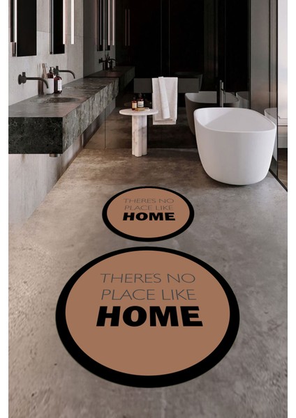 Dijital Baskılı Yıkanabilir Home Yazılı Ikili Yuvarlak Banyo Halısı Paspas, Klozet-13-Kahve,