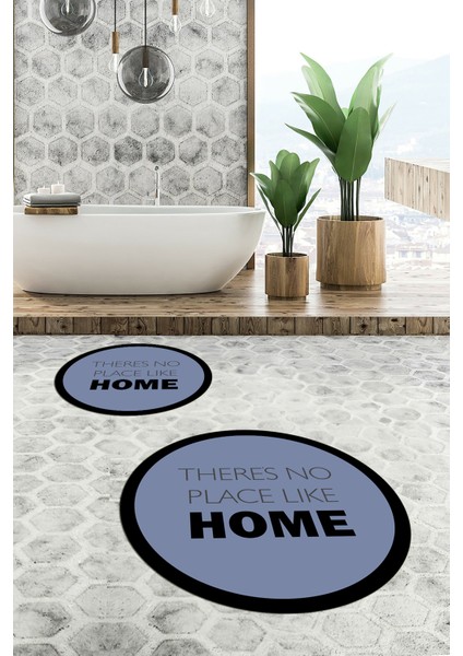 Dijital Baskılı Yıkanabilir Home Yazılı Ikili Yuvarlak Banyo Halısı Paspas, Klozet-13-Mavi,