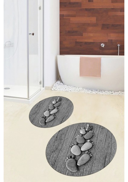3d Dijital Baskılı Yıkanabilir Ayak Izi Desenli Ikili Yuvarlak Banyo Halısı Paspas, Klozet-15-Gri,