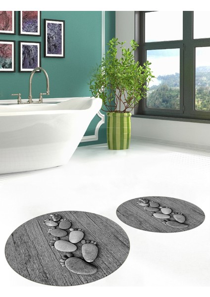 3d Dijital Baskılı Yıkanabilir Ayak Izi Desenli Ikili Yuvarlak Banyo Halısı Paspas, Klozet-15-Gri,