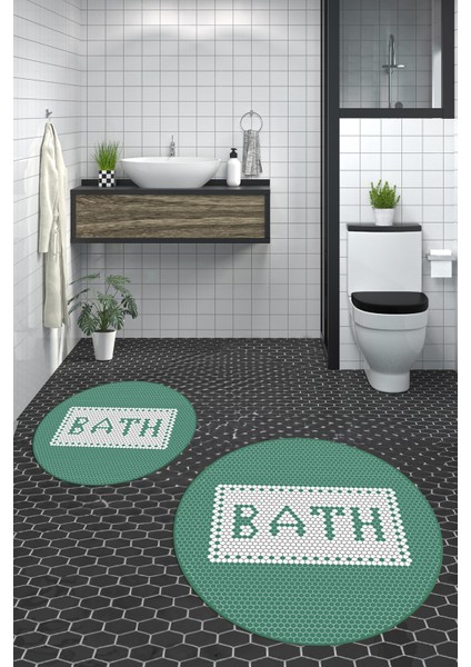 Dijital Baskılı Mozaik Desenli Bath Yazılı Ikili Yuvarlak Banyo Paspası, Klozet-07-Yeşil,