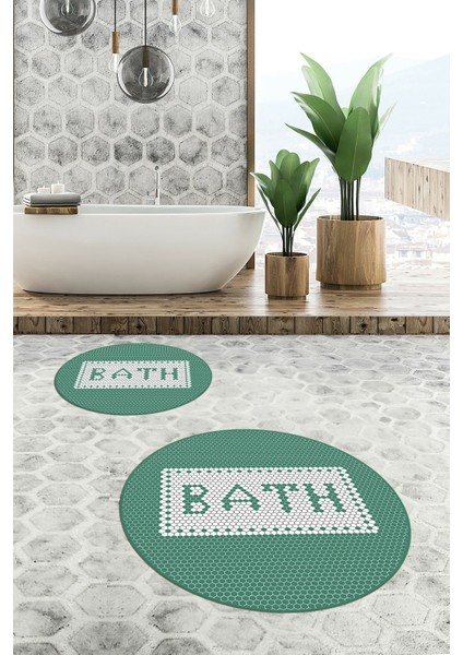 Dijital Baskılı Mozaik Desenli Bath Yazılı Ikili Yuvarlak Banyo Paspası, Klozet-07-Yeşil, fiyatları