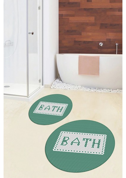 Dijital Baskılı Mozaik Desenli Bath Yazılı Ikili Yuvarlak Banyo Paspası, Klozet-07-Yeşil, modelleri