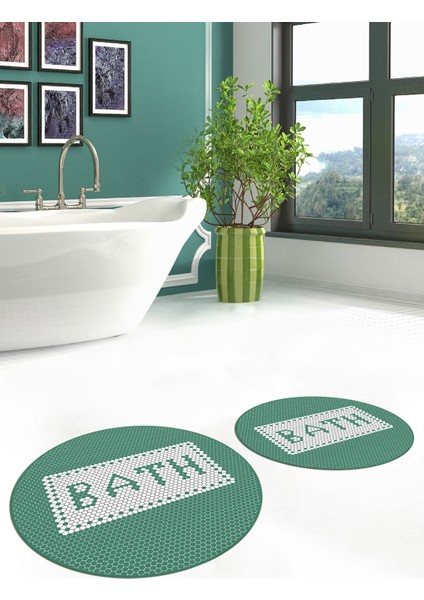 Dijital Baskılı Mozaik Desenli Bath Yazılı Ikili Yuvarlak Banyo Paspası, Klozet-07-Yeşil, fırsatları