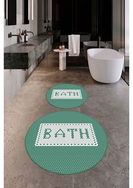 Dijital Baskılı Mozaik Desenli Bath Yazılı Ikili Yuvarlak Banyo Paspası, Klozet-07-Yeşil, indirimleri