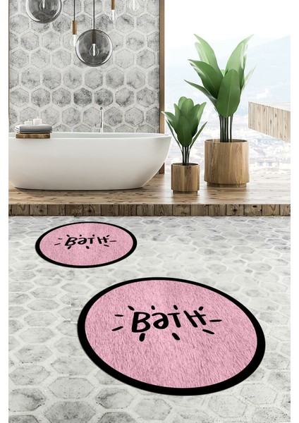 Dijital Baskılı Yıkanabilir Çerçeveli Bath Yazılı Ikili Yuvarlak Banyo Halısı Paspas, Klozet-10-Pembe,