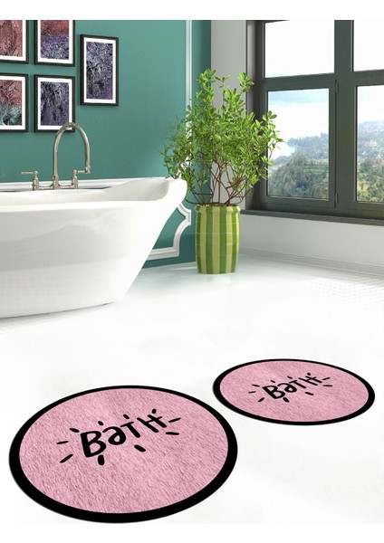 Dijital Baskılı Yıkanabilir Çerçeveli Bath Yazılı Ikili Yuvarlak Banyo Halısı Paspas, Klozet-10-Pembe, modelleri