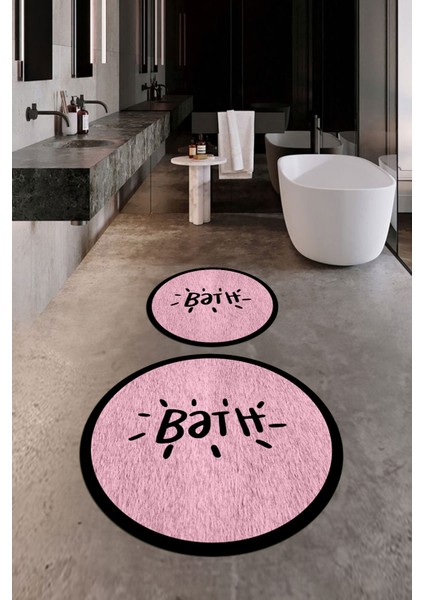 Dijital Baskılı Yıkanabilir Çerçeveli Bath Yazılı Ikili Yuvarlak Banyo Halısı Paspas, Klozet-10-Pembe, fırsatları