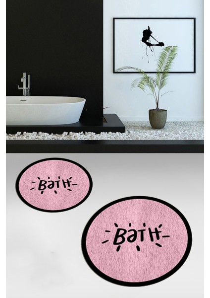 Dijital Baskılı Yıkanabilir Çerçeveli Bath Yazılı Ikili Yuvarlak Banyo Halısı Paspas, Klozet-10-Pembe, indirimleri
