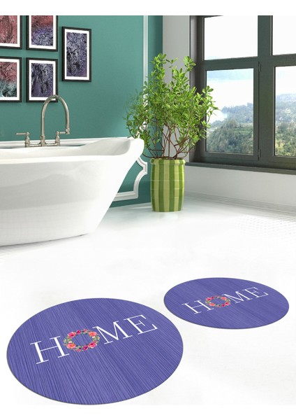 Dijital Baskılı Yıkanabilir Çiçekli Home Yazılı Ikili Yuvarlak Banyo Halısı Paspas, Klozet-12-Mor, modelleri