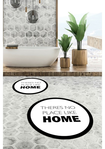 Dijital Baskılı Yıkanabilir Home Yazılı Ikili Yuvarlak Banyo Halısı Paspas, Klozet-13-Beyaz,