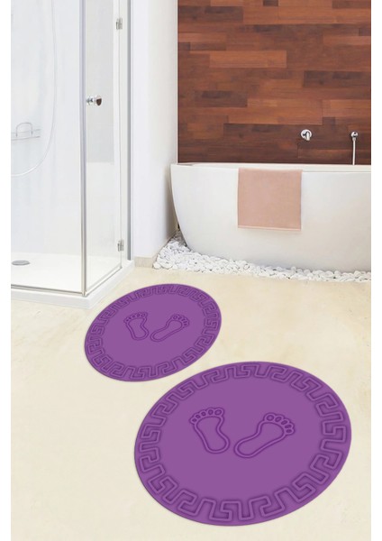 Dijital Baskılı Yıkanabilir Çerçeveli Ayak Izi Desenli Ikili Yuvarlak Banyo Halısı, Klozet-18-Mor,