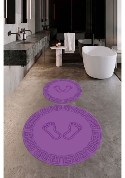 Dijital Baskılı Yıkanabilir Çerçeveli Ayak Izi Desenli Ikili Yuvarlak Banyo Halısı, Klozet-18-Mor, modelleri