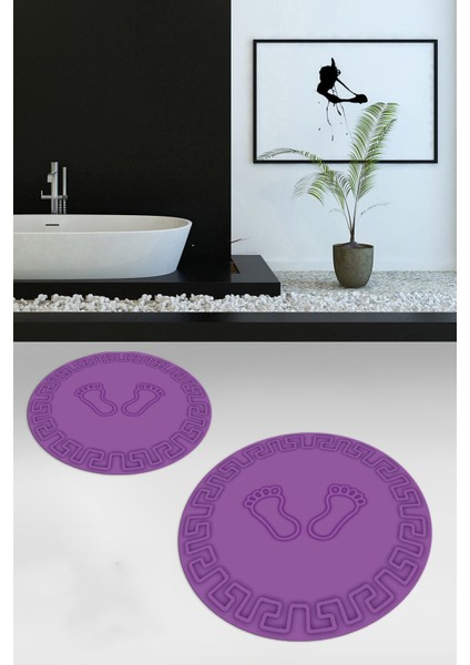 Dijital Baskılı Yıkanabilir Çerçeveli Ayak Izi Desenli Ikili Yuvarlak Banyo Halısı, Klozet-18-Mor, fırsatları