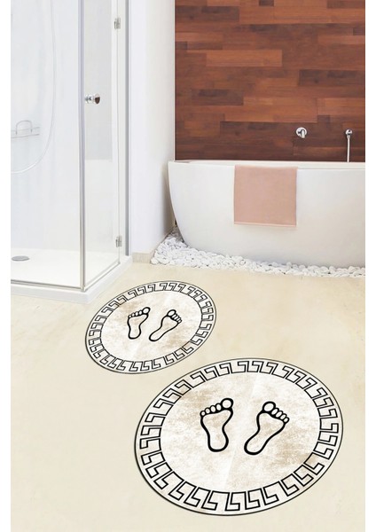 Dijital Baskılı Yıkanabilir Çerçeveli Ayak Izi Desenli Ikili Yuvarlak Banyo Halısı, Klozet-19-Kahve,