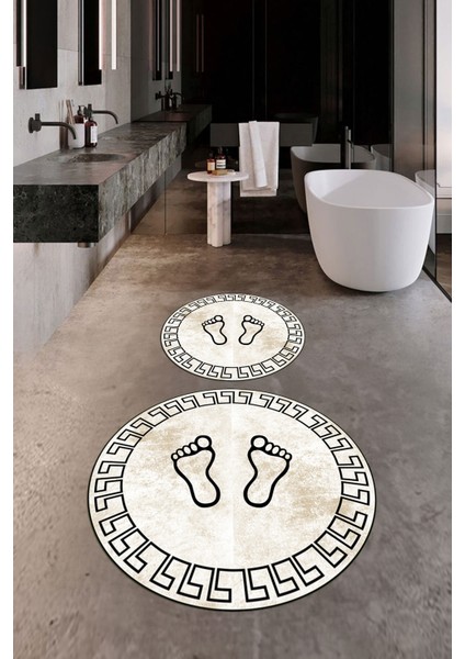 Dijital Baskılı Yıkanabilir Çerçeveli Ayak Izi Desenli Ikili Yuvarlak Banyo Halısı, Klozet-19-Kahve, modelleri