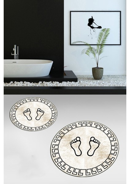 Dijital Baskılı Yıkanabilir Çerçeveli Ayak Izi Desenli Ikili Yuvarlak Banyo Halısı, Klozet-19-Kahve, fırsatları